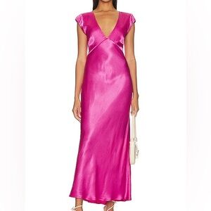 bec + bridge Fuchsia Pink Satin V-Neck Maxi Dress